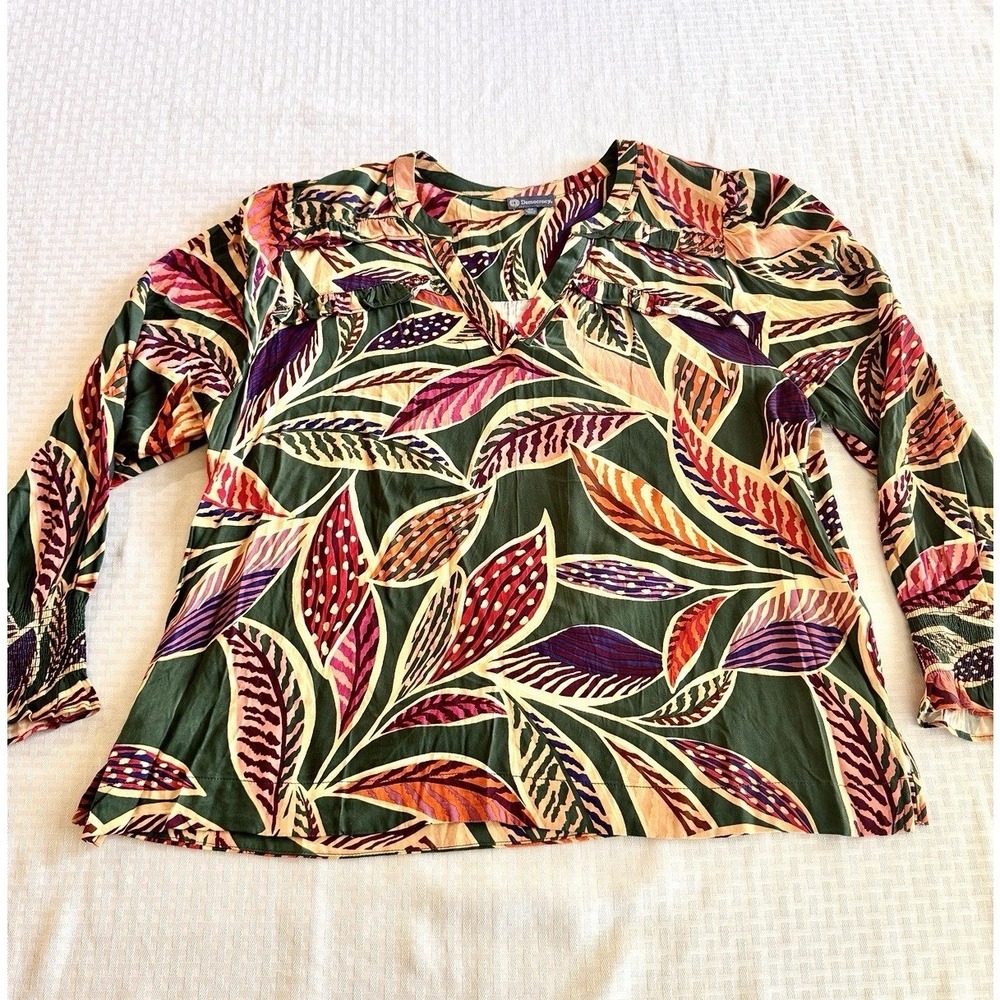 Democracy 2X Tropical Leaf Print Blouse Plus Size Ruffle Smocked Sleeve Boho Top